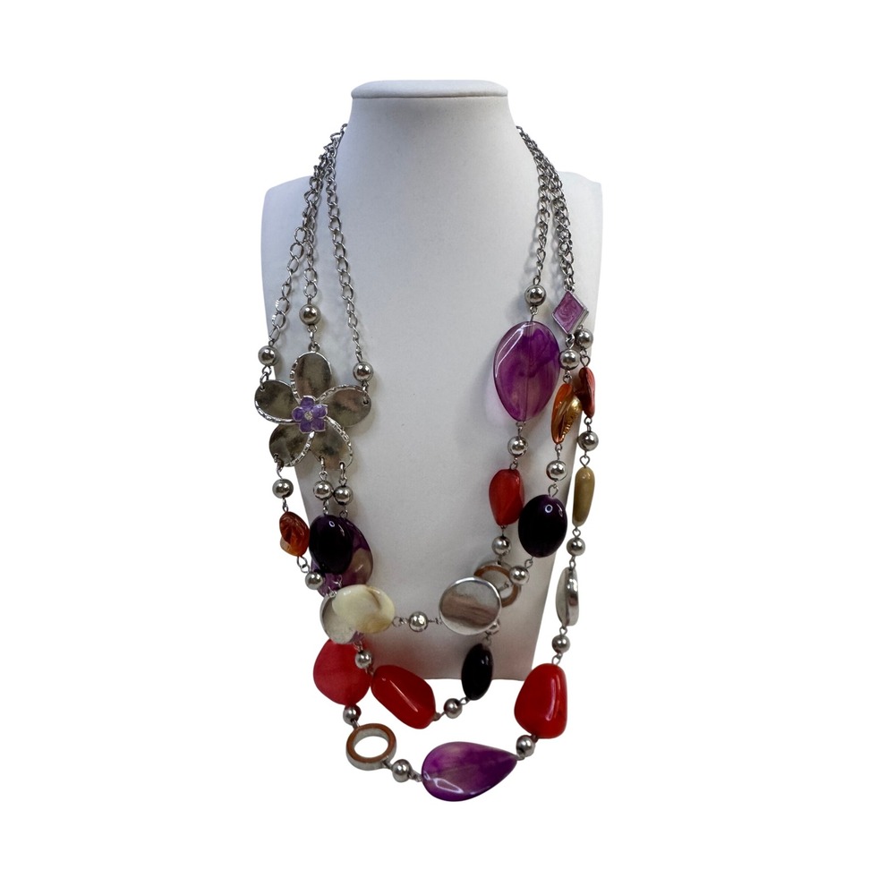NY & Co Multi Strand Flower Charm Beaded Necklace Silver Tone Purple Red Orange